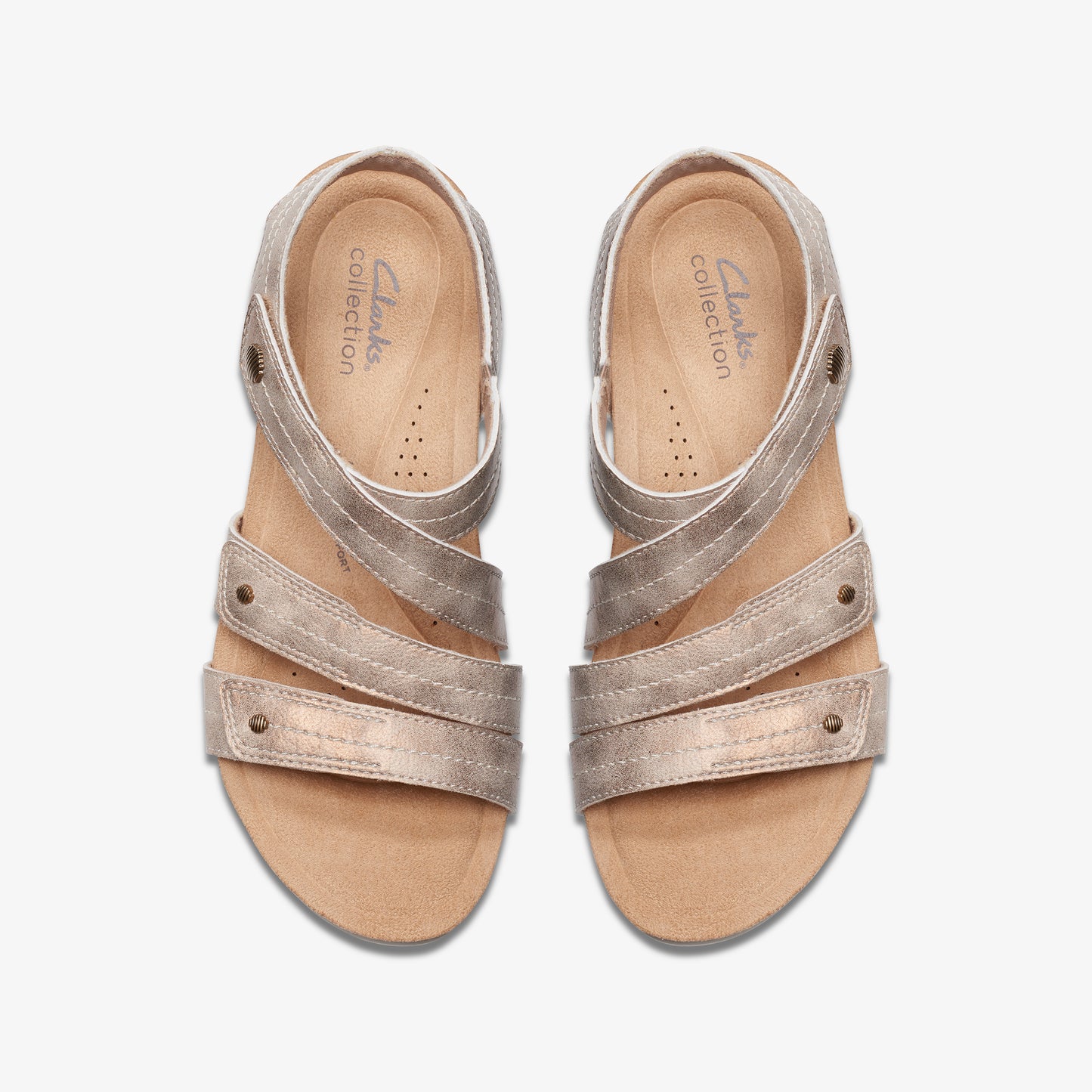 A pair of metallic silver sandals with three straps.