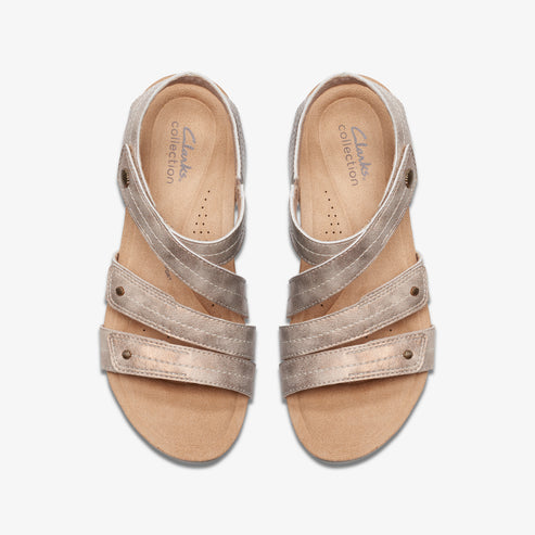 A pair of metallic silver sandals with three straps.