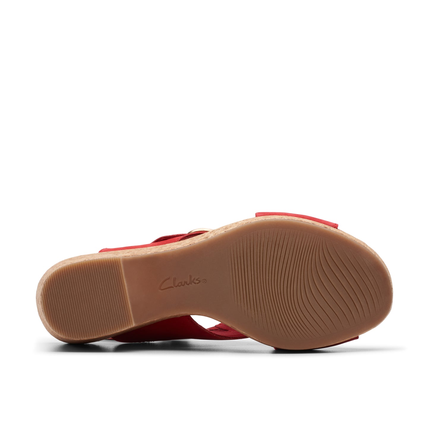 Red sandal sole with wave pattern and logo.