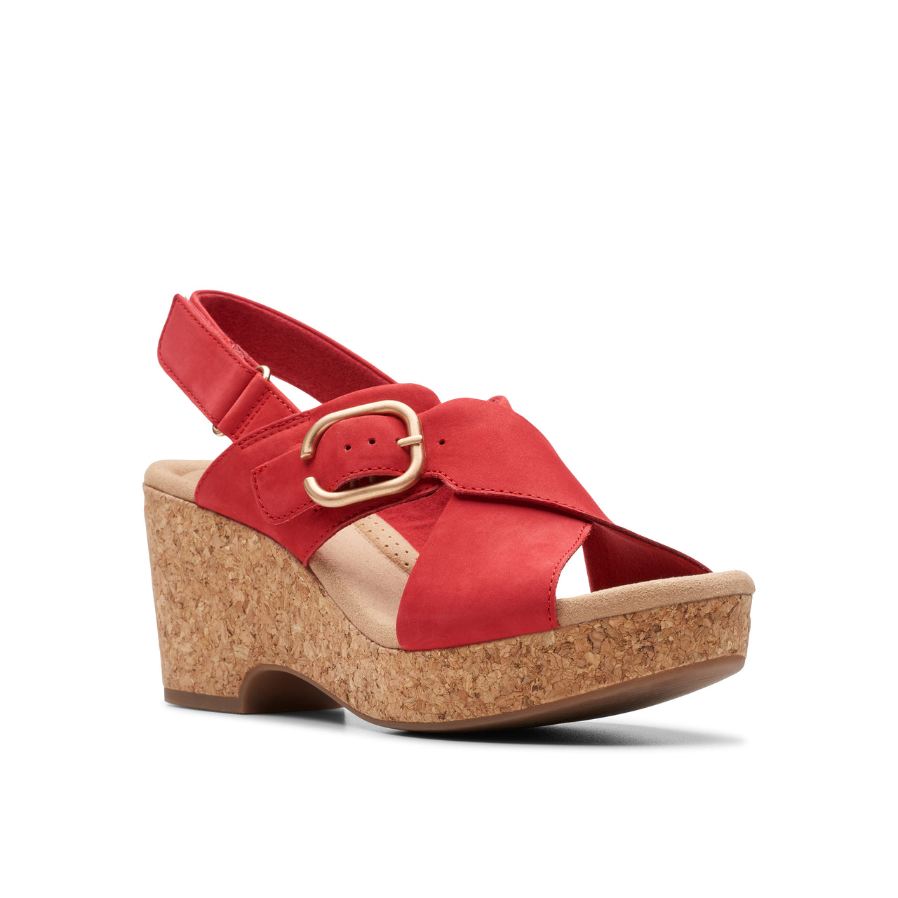 Red wedge sandal with buckle.