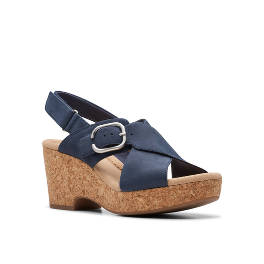 Blue wedge sandal with adjustable slingback strap and silver buckle.