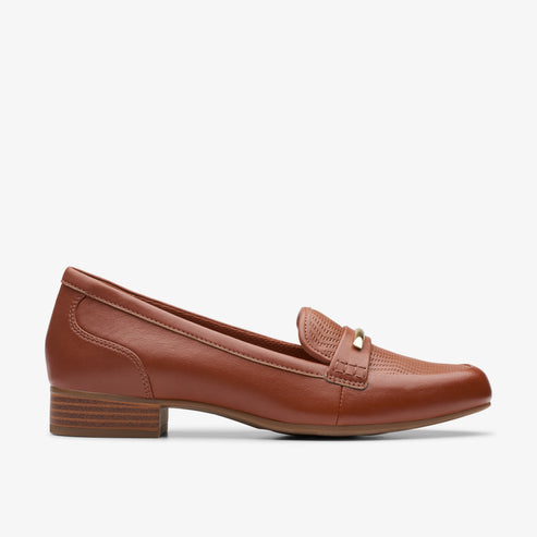 Brown leather loafer with a small block heel and gold-tone hardware.