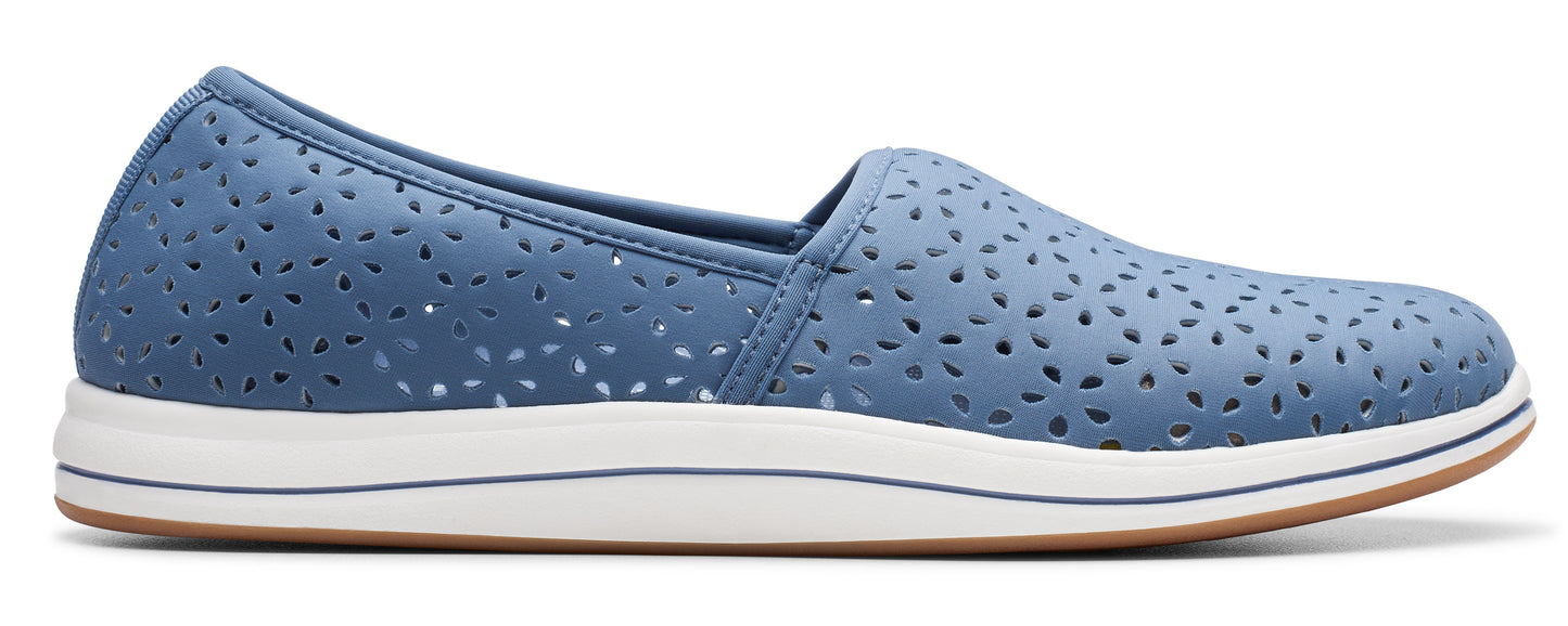 Blue perforated slip-on shoe with a white sole.