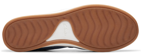Shoe sole featuring a brown textured pattern and a white midsection with brand detailing.