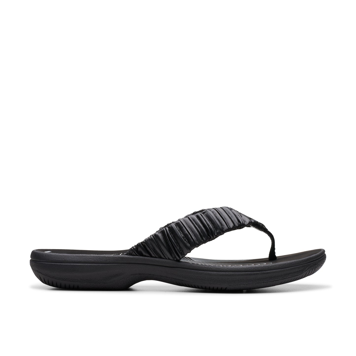 Black thong sandal with gathered upper.