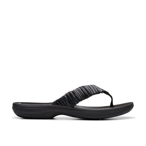 Black thong sandal with gathered upper.