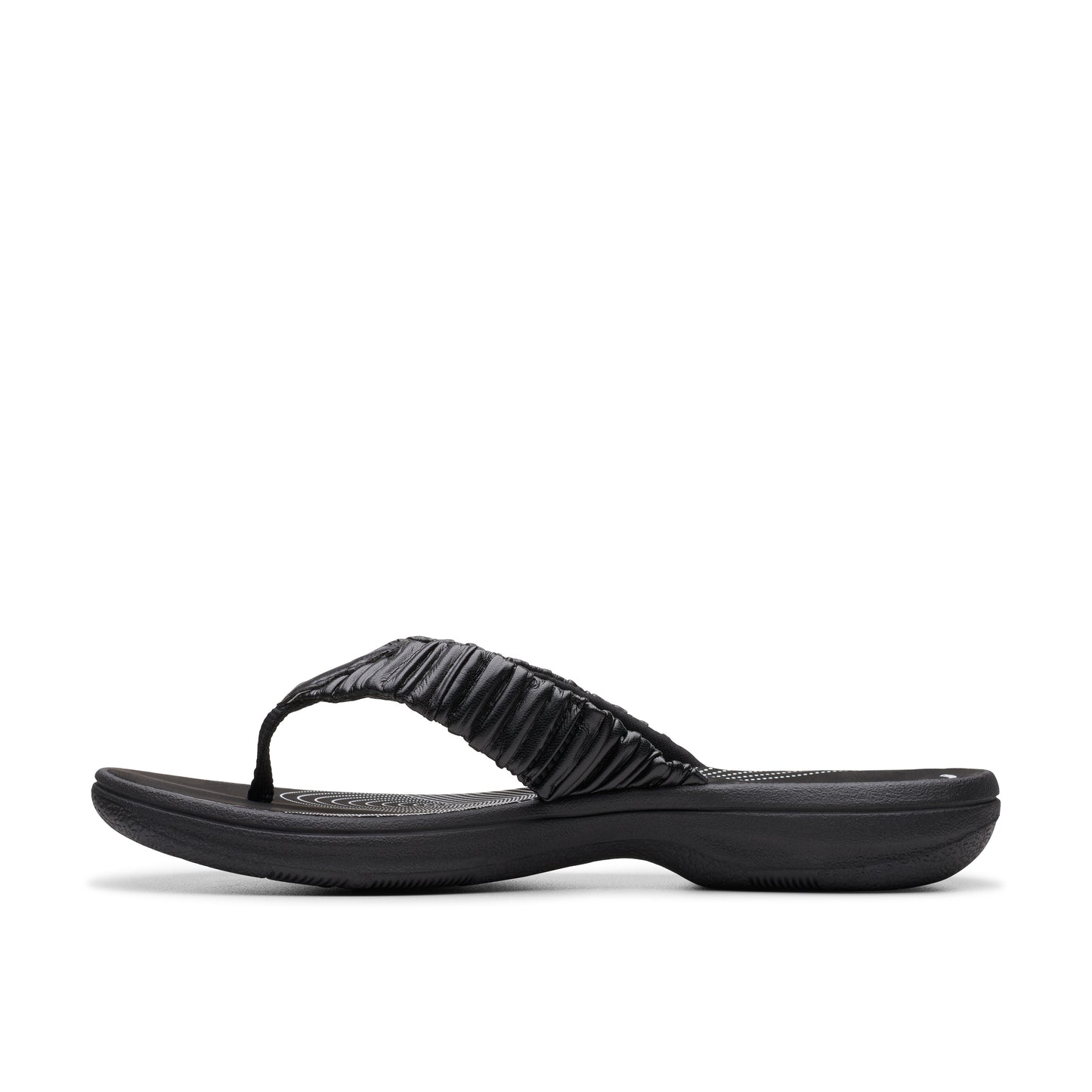 Black flip-flop sandal with a ruched strap.