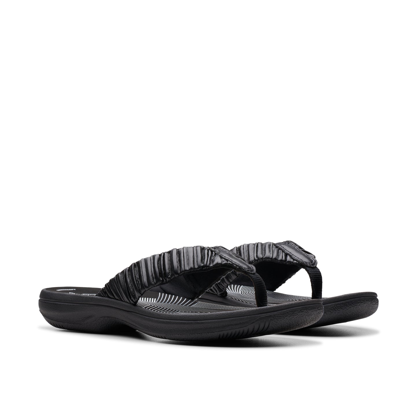 Black flip-flops with gathered strap.