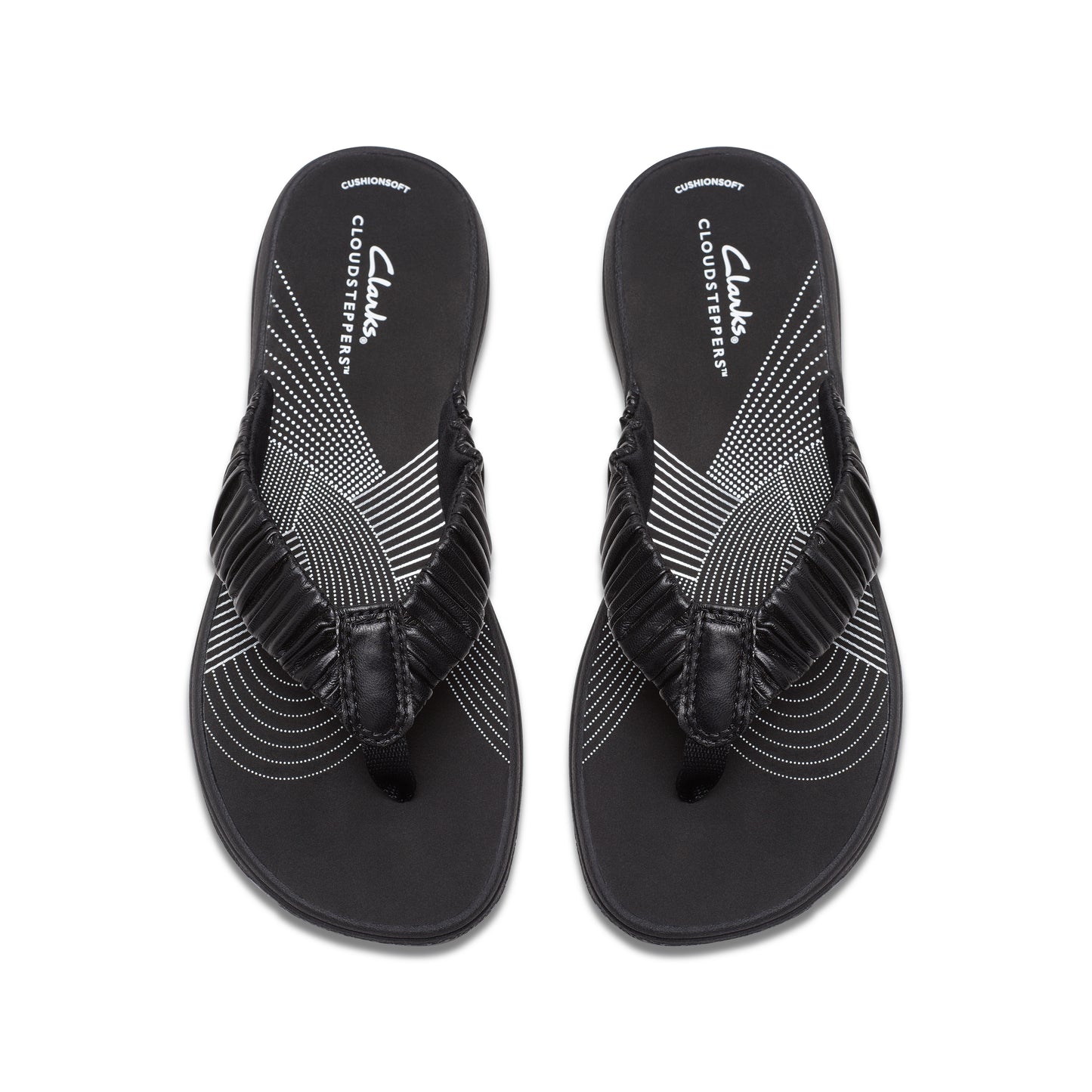 Pair of black flip-flops with gathered straps and 'CLOUSTEPPERS' text on the insole.