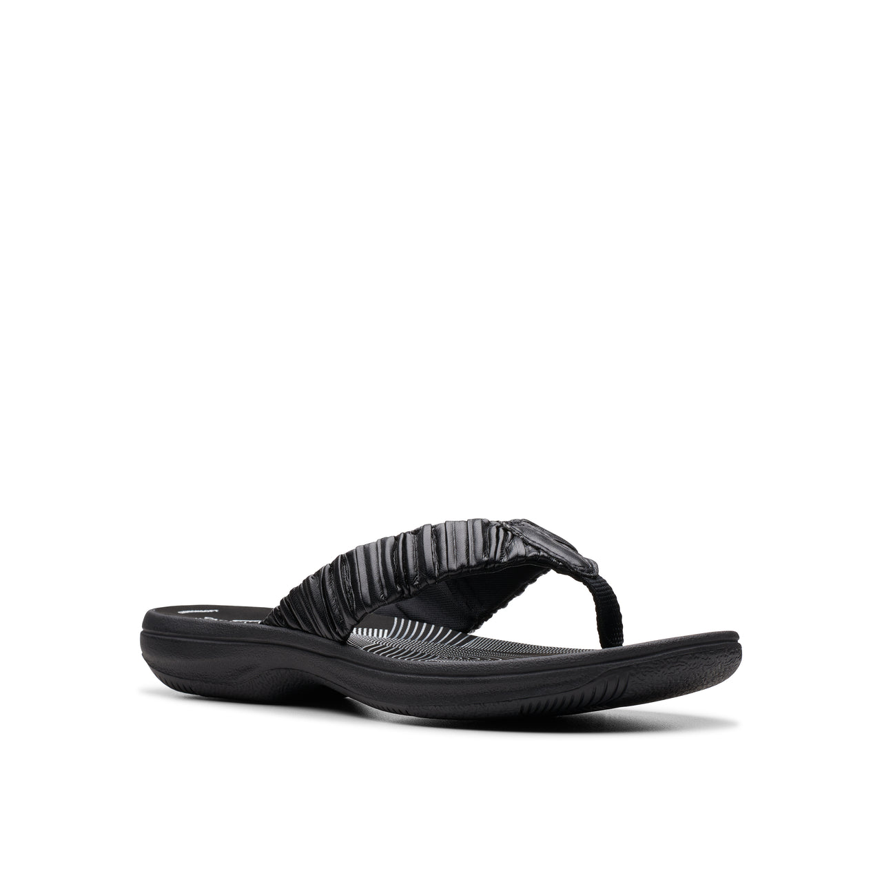 Black flip-flop with ruched strap.