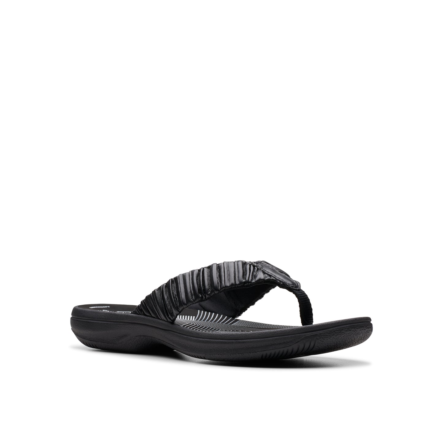 Black flip-flop with ruched strap.