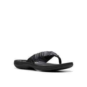 Black flip-flop with ruched strap.