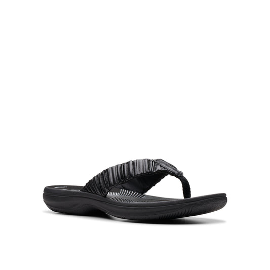 Black flip-flop with ruched strap.