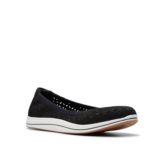 A black women's slip-on flat shoe with a white sole.