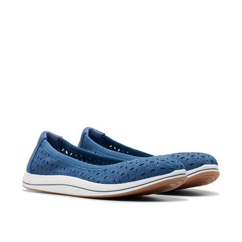 A pair of blue suede ballet flat shoes with decorative cutout pattern.