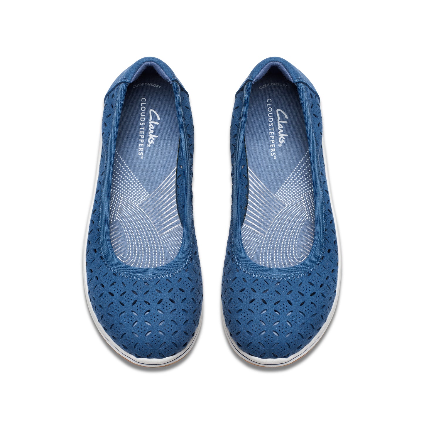 Pair of blue flats with geometric cutouts and 'Cloudsteppers' branding on the insole.