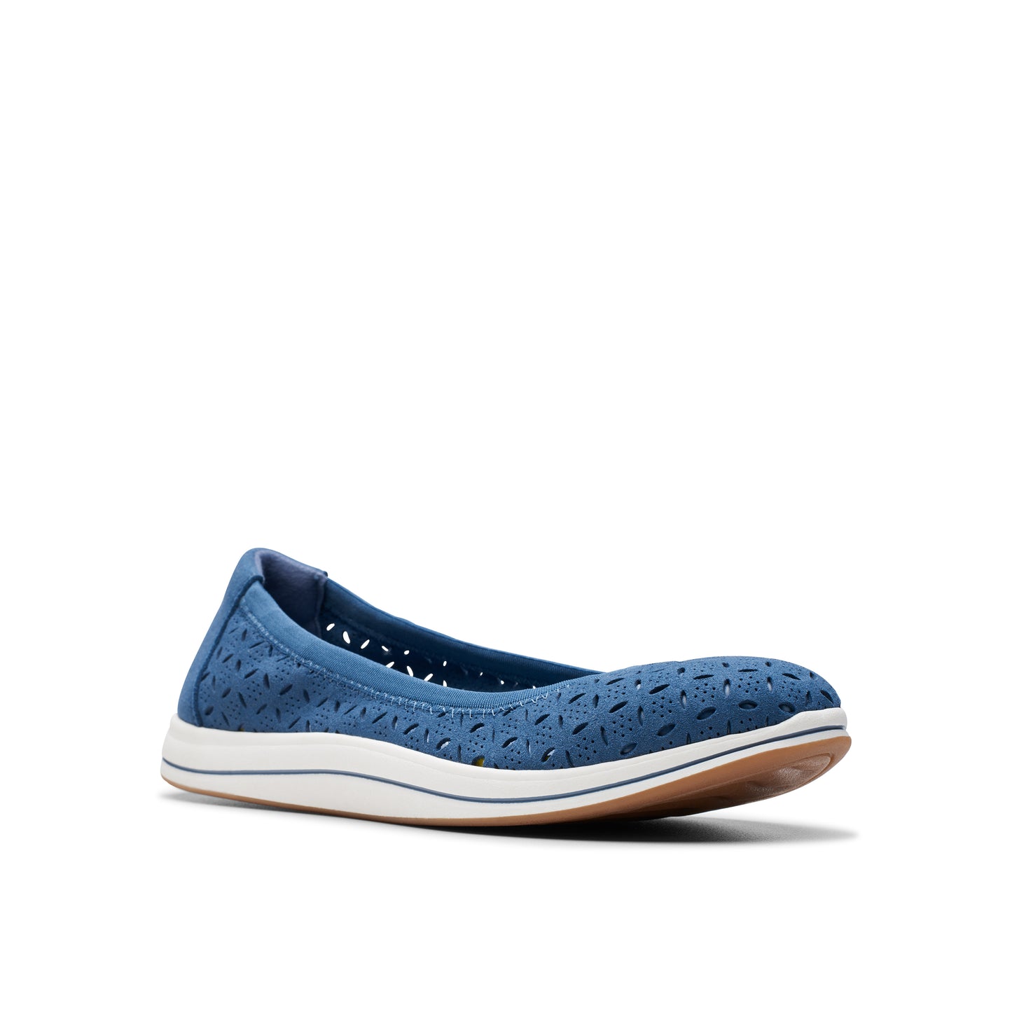 Blue perforated ballet flat with white sole.