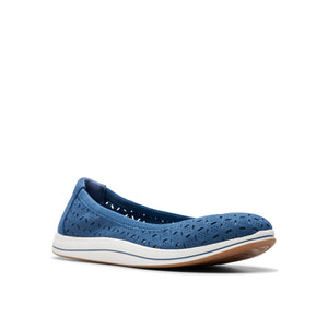 Blue perforated ballet flat with white sole.