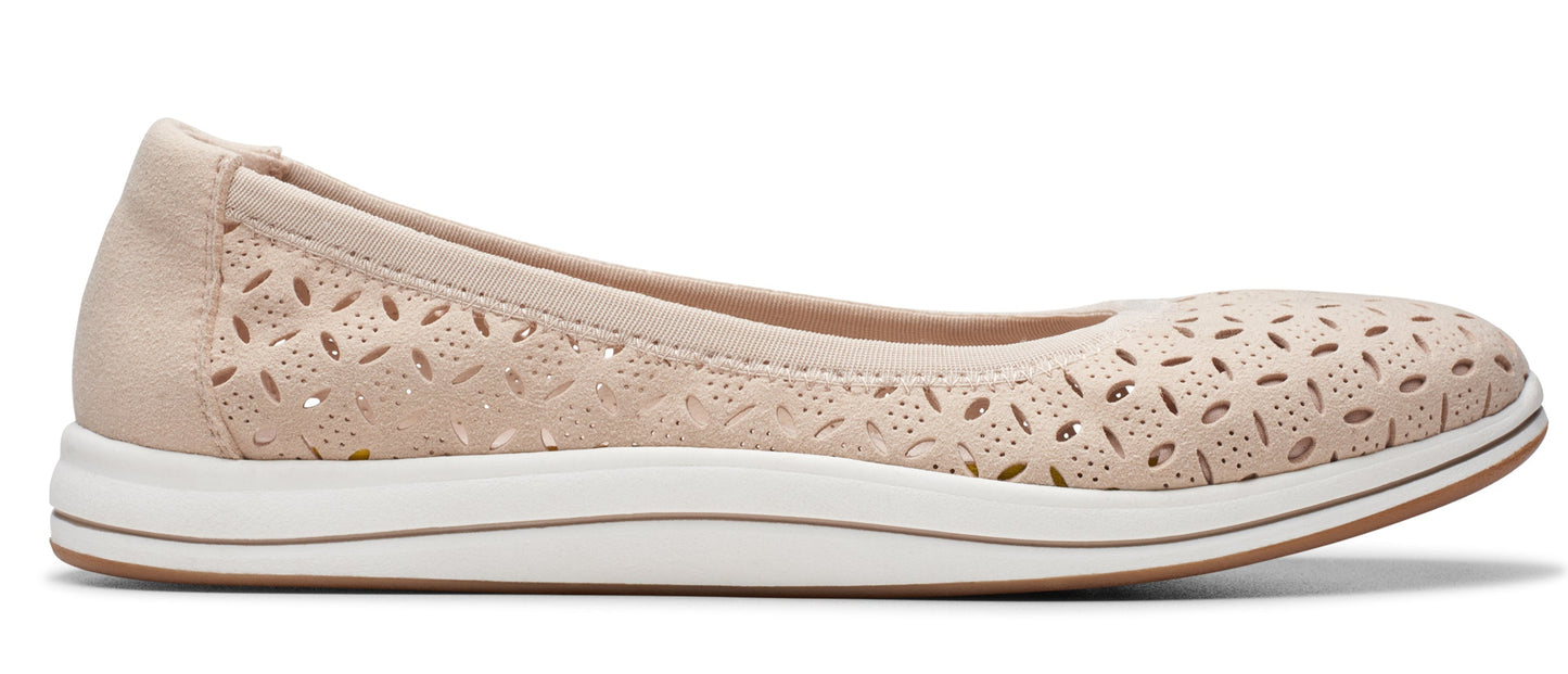 A light pink ballet flat shoe with patterned cutouts and a white sole.
