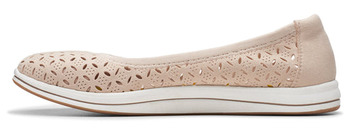 Beige perforated ballet flat with a white sole.