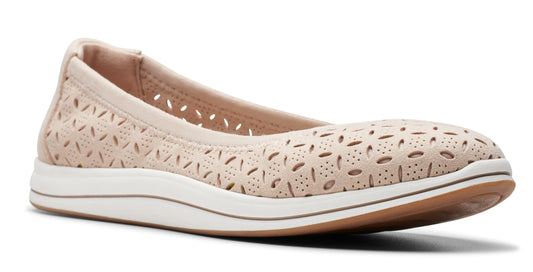 Light-tan perforated ballet flat with a white sole and brown outsole.