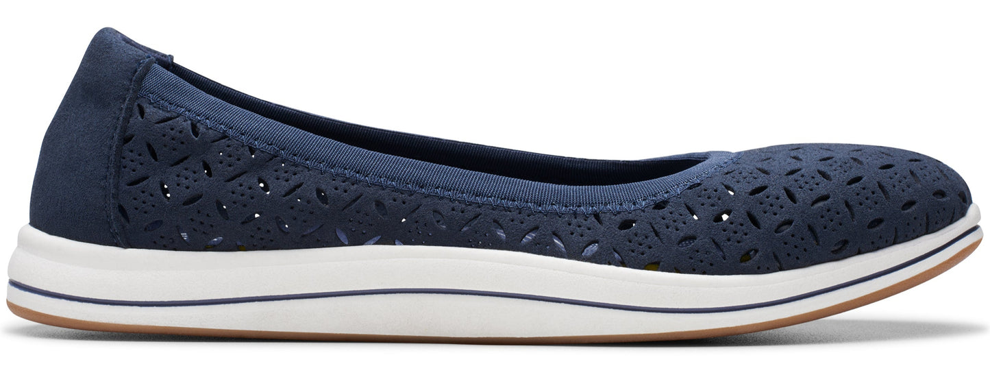 A navy blue flat shoe with a white sole.