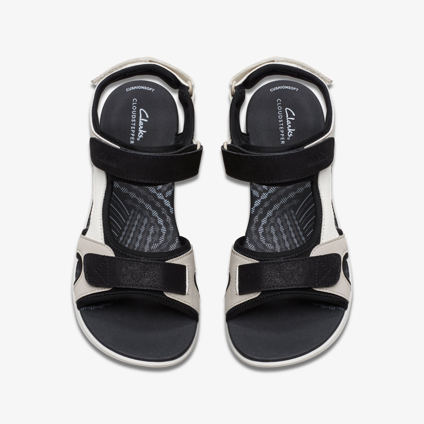 Pair of sandals with black straps, white and gray trim.