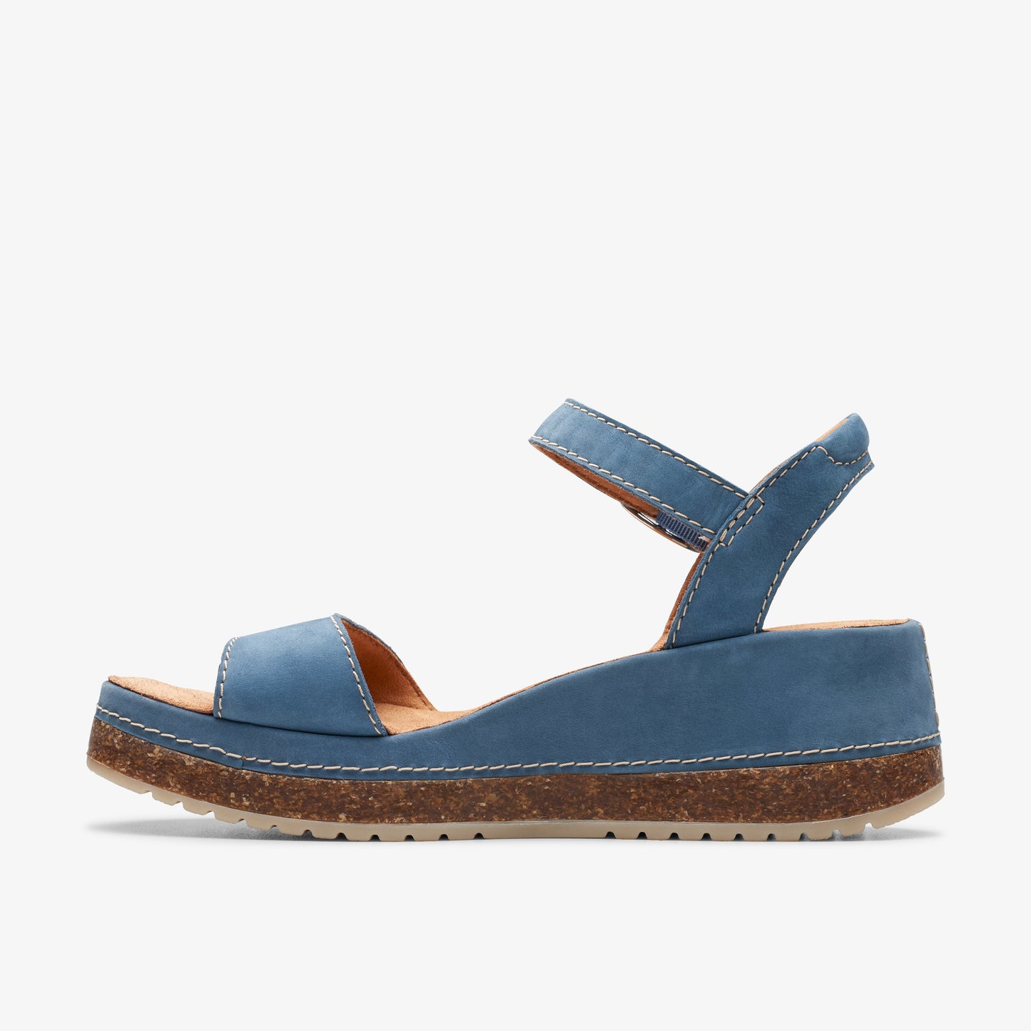 A blue, open-toe platform sandal with a velcro strap.