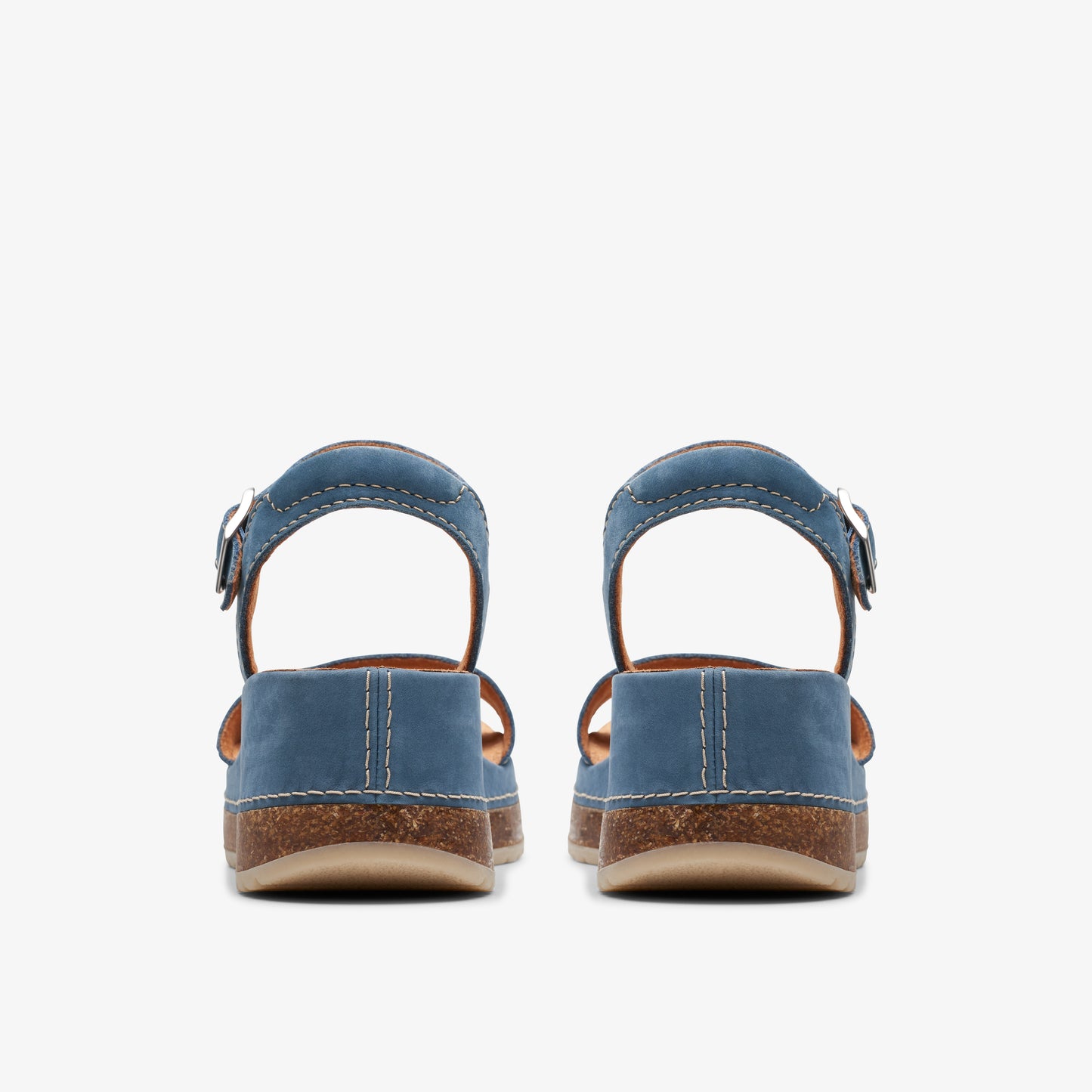 Back view of blue leather open toe sandals with an ankle strap and a cork sole.