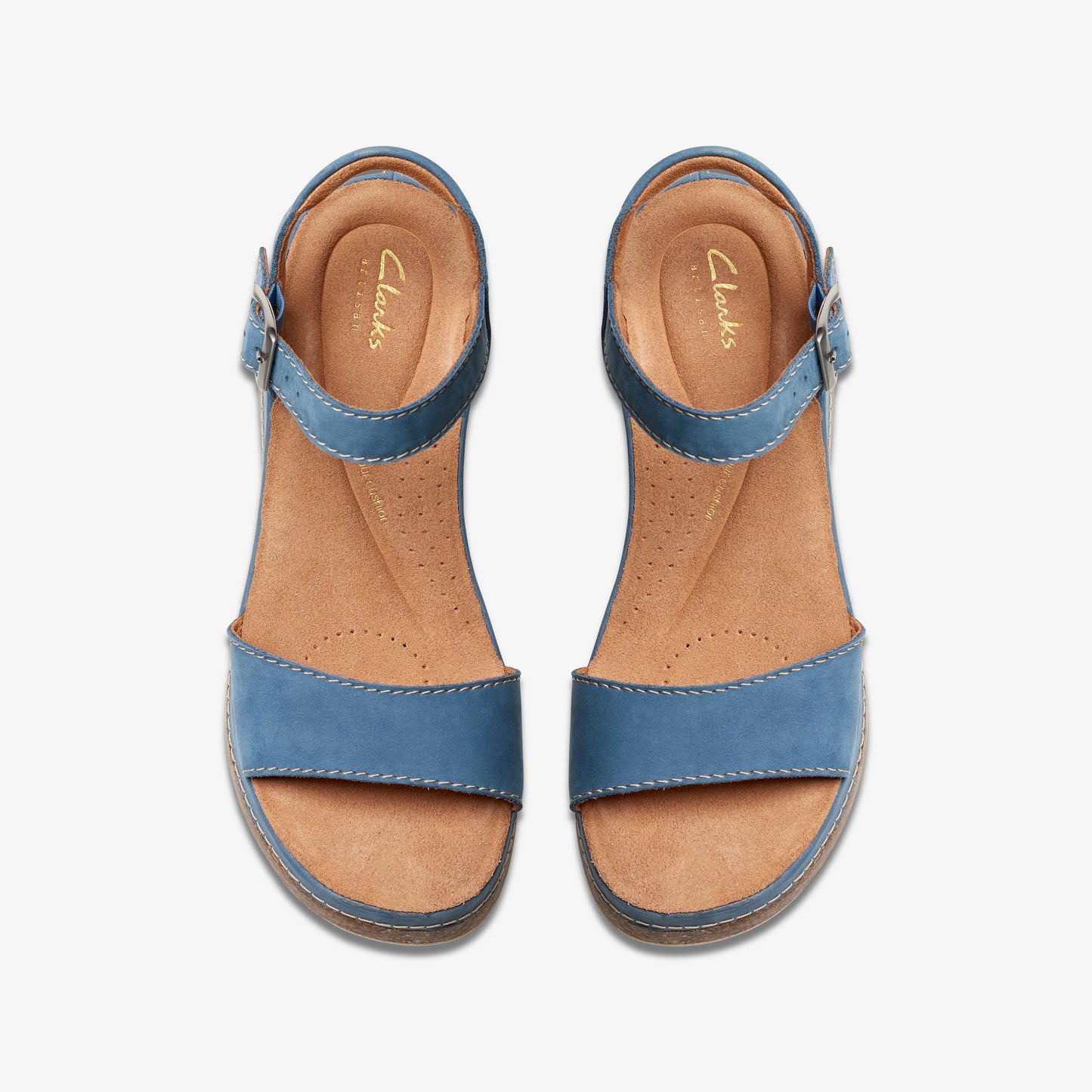 Pair of blue leather sandals with ankle strap, viewed from above.