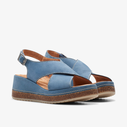 Two blue platform sandals with criss-cross straps and buckle closures.