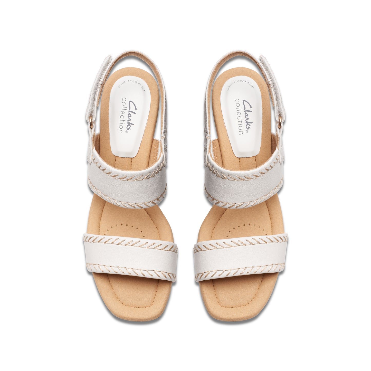 Pair of white sandals with thick straps and low heels, view from above.