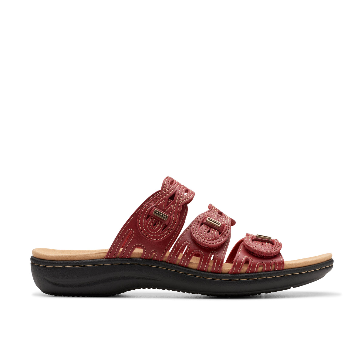 Red leather sandal with three straps and buckle details, black sole.
