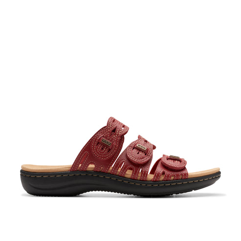 Red leather sandal with three straps and buckle details, black sole.