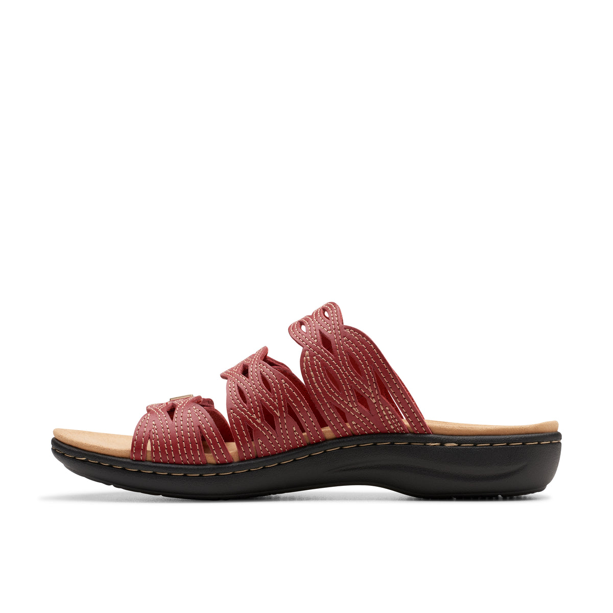 Red slide sandals with decorative woven straps and a flat black sole.
