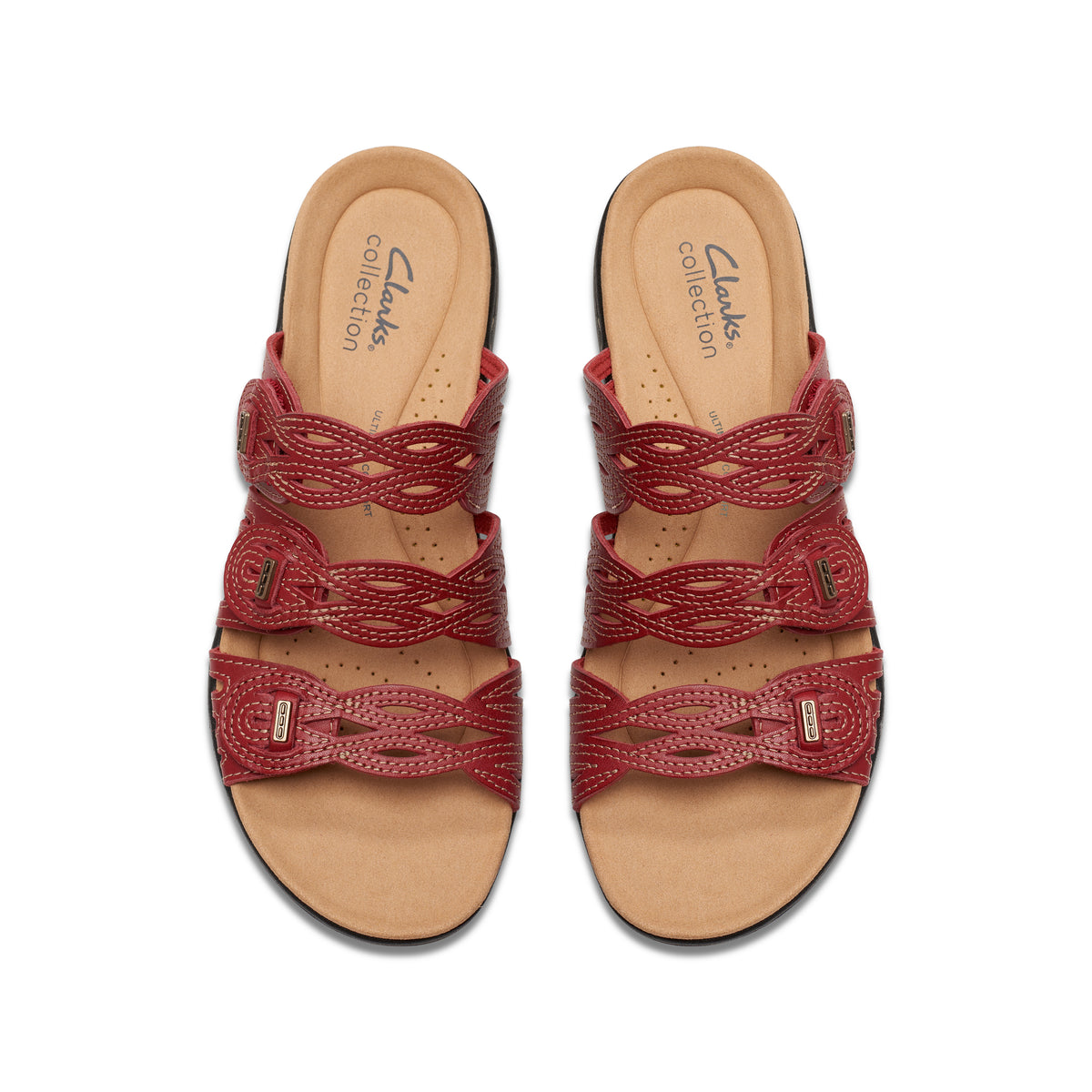 Pair of red sandals with three braided straps, "Clarks collection" on footbed.