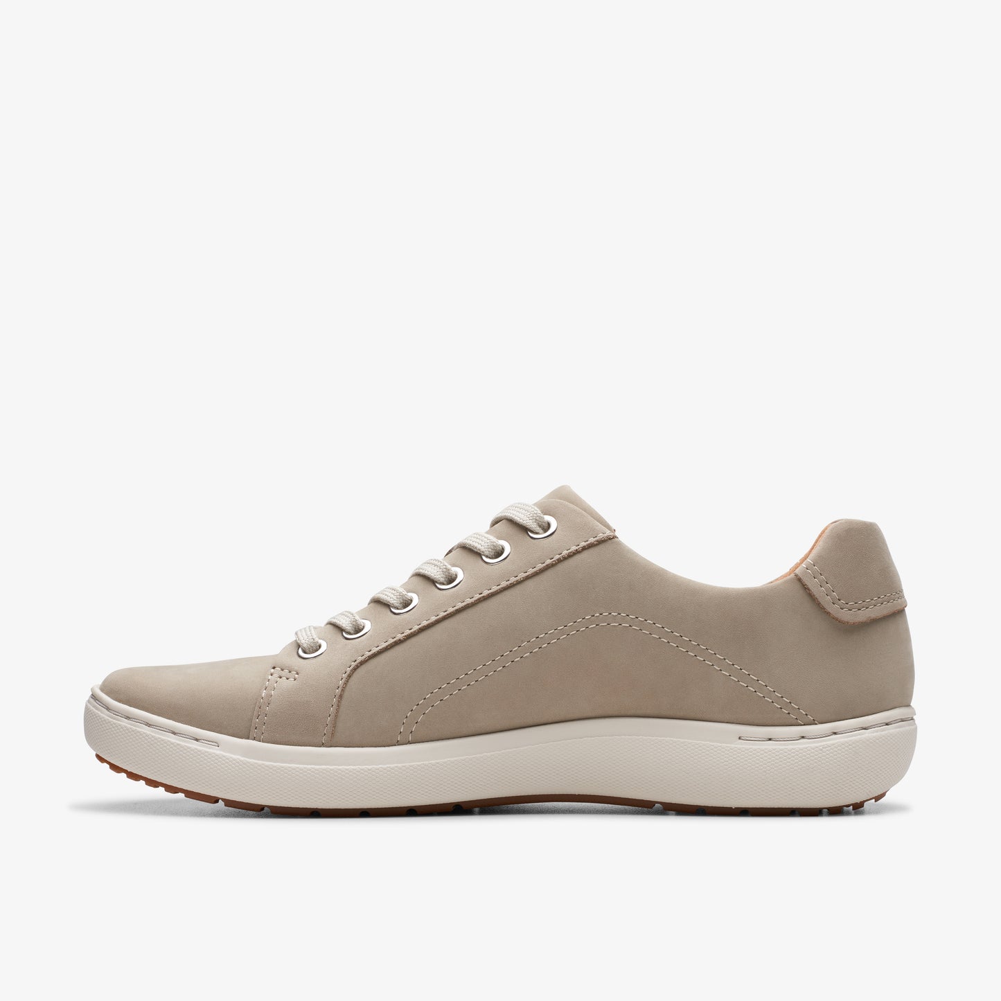 Beige casual shoe with laces and white sole, side view.