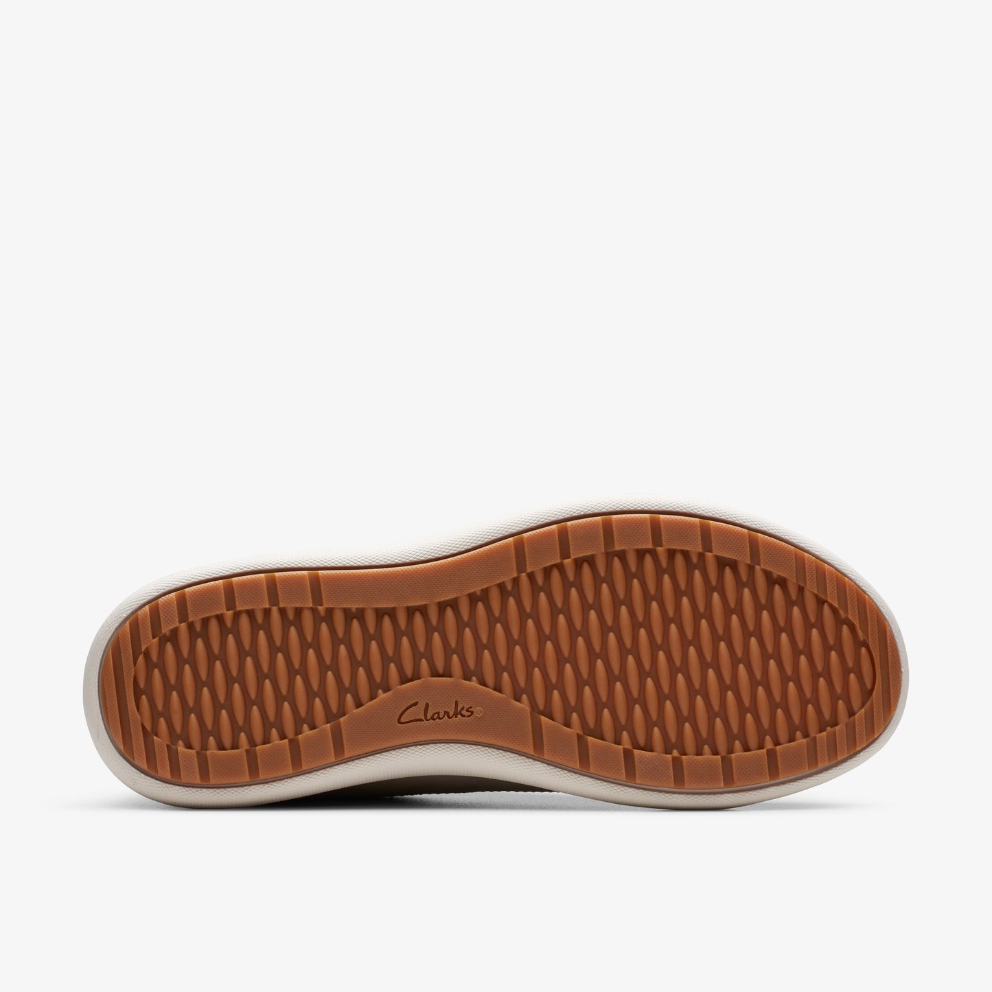 Shoe bottom with brown textured rubber sole and the word "Clarks" in the middle.