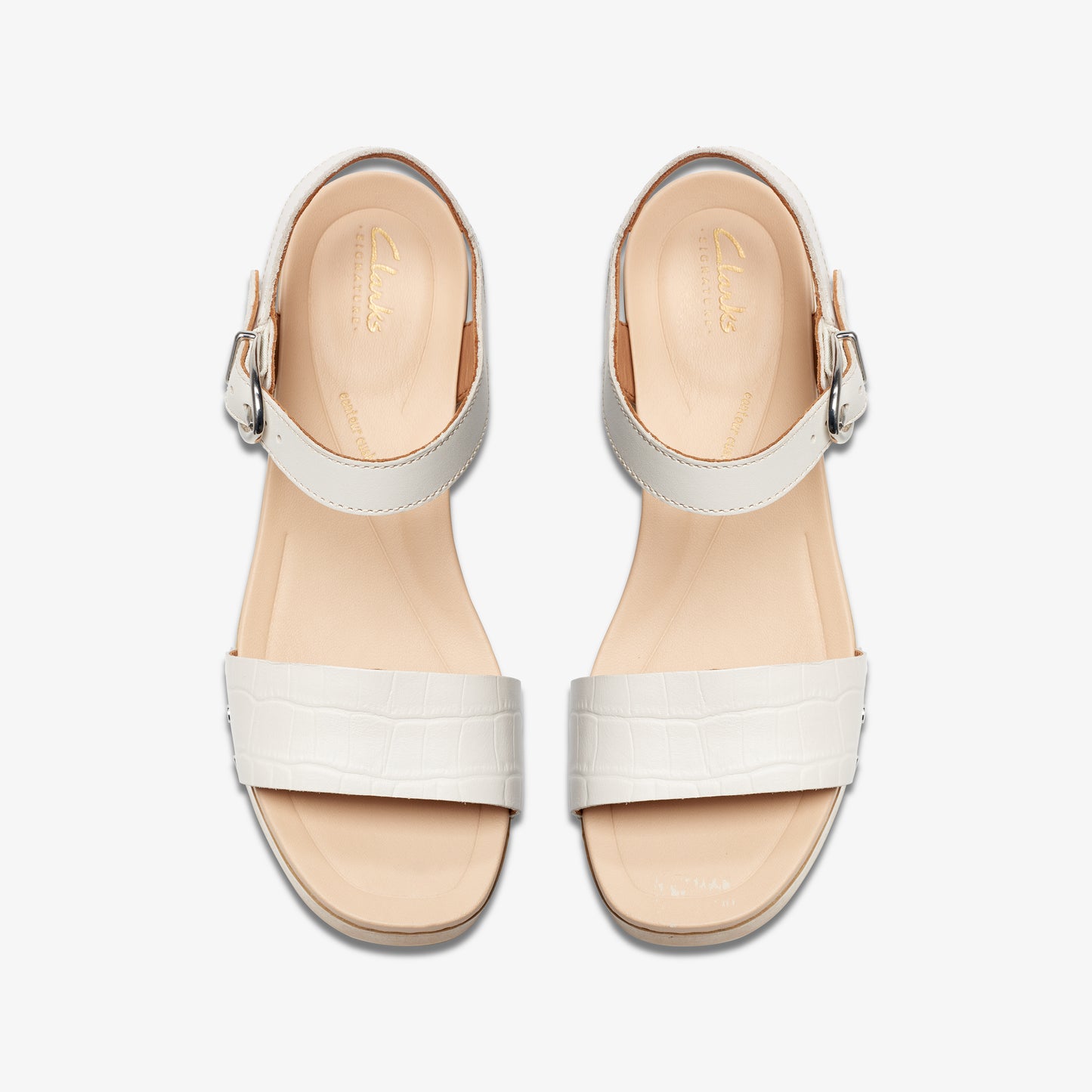 Overhead view of two white sandals with buckled straps and textured bands.