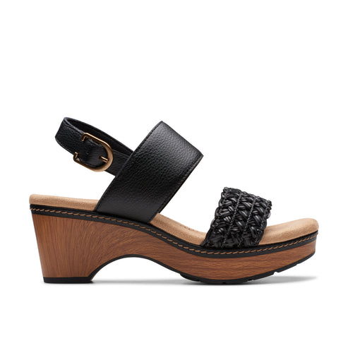 Black leather open toe sandal with thick straps, woven design, wood grain platform and ankle strap.