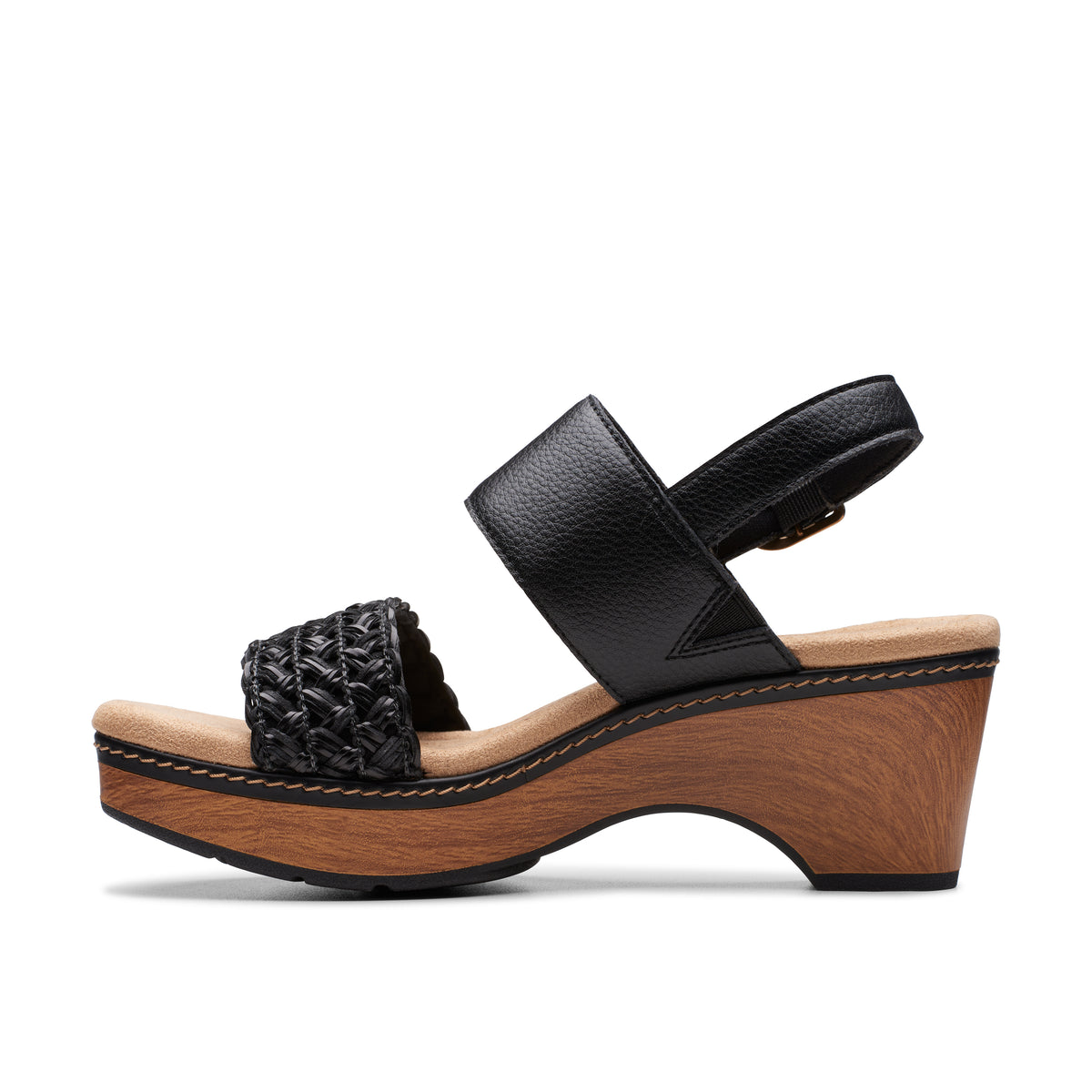 Black platform sandals with a woven strap and an ankle strap.