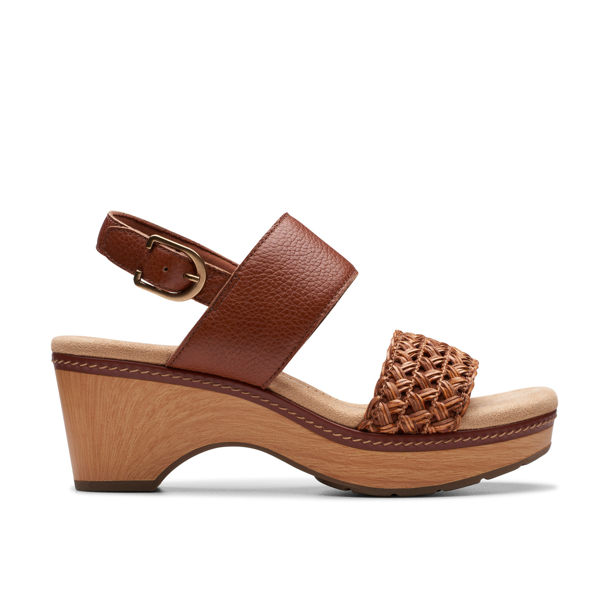 Brown, open-toed, heeled sandal with woven strap.