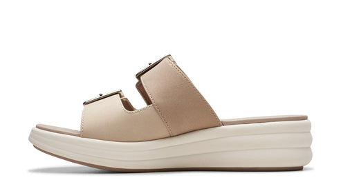 Beige slide sandal with two buckled straps and thick platform sole.