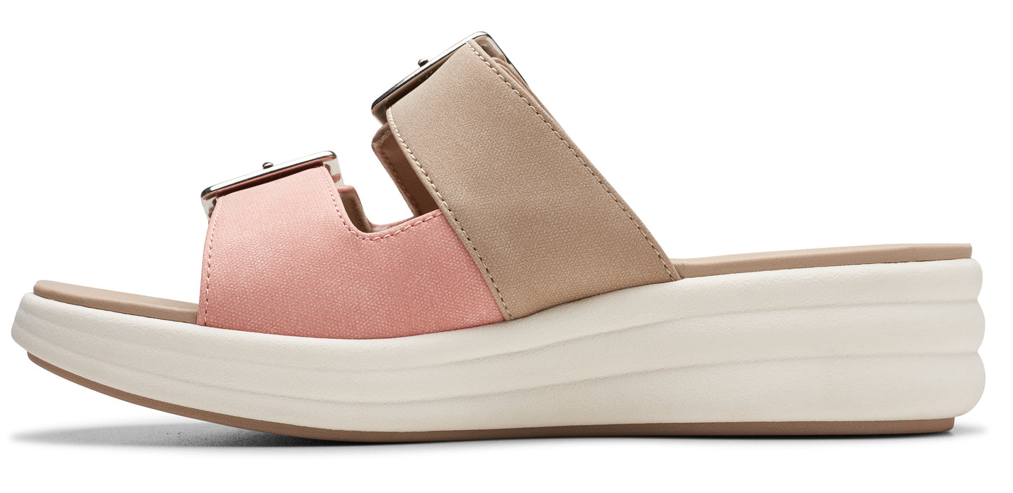 A wedge-heeled slide sandal featuring two straps in contrasting colors with metal buckle accents.