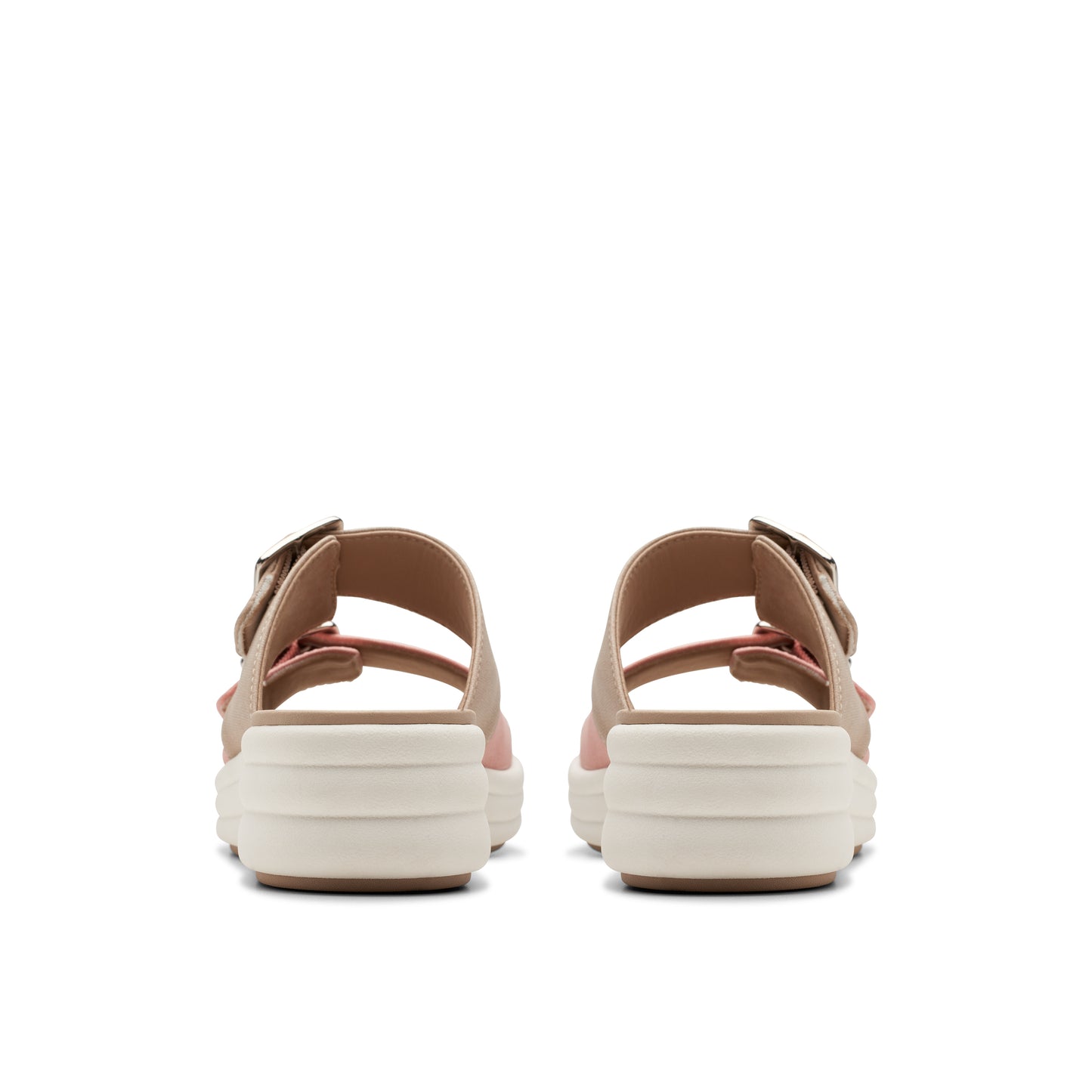 Pair of platform sandals with adjustable straps and buckle closures, viewed from behind.