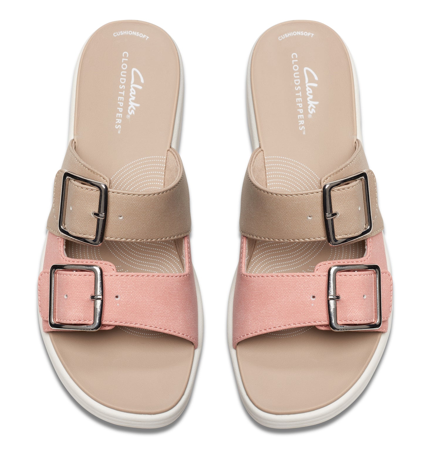 Pair of slide sandals with two straps in tan and pink, each with a silver buckle, and a white sole.
