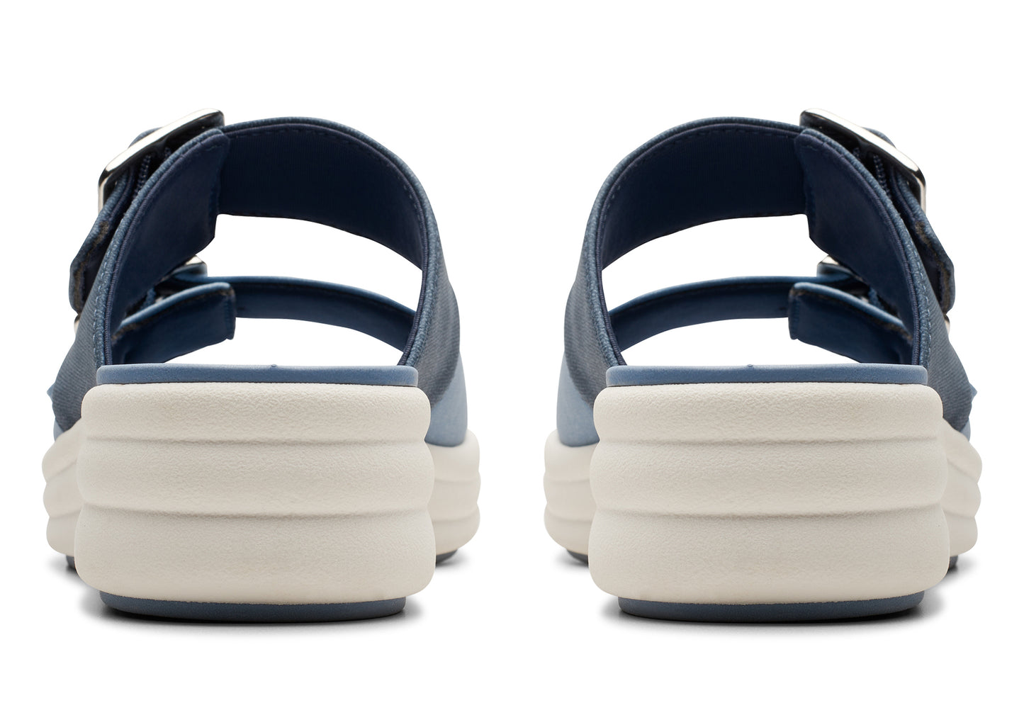 Back view of platform sandals with two straps and buckle closures.