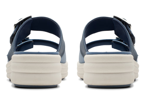 Back view of platform sandals with two straps and buckle closures.