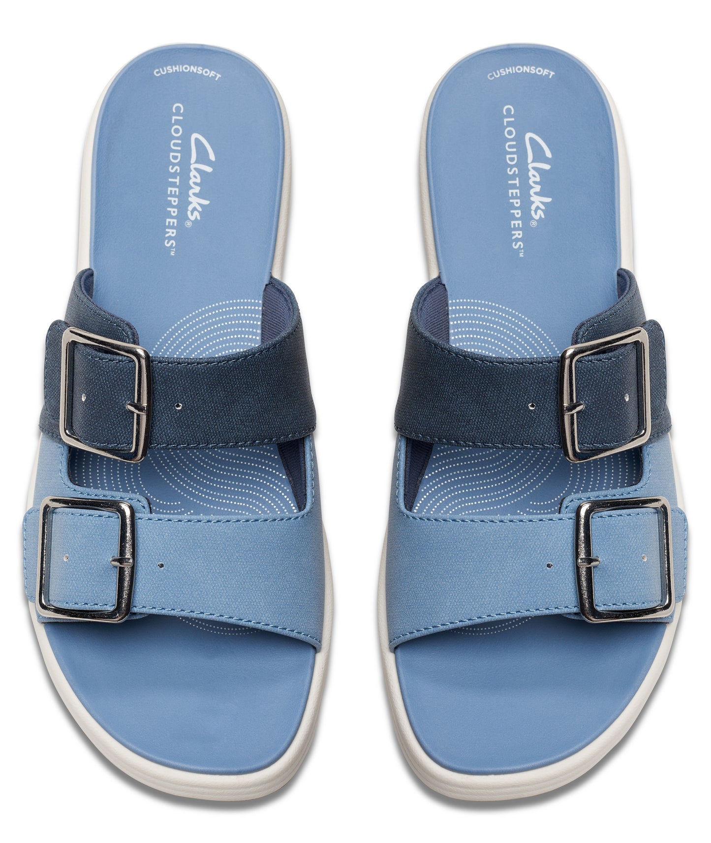 Two light-blue sandals with two straps each, each strap has a rectangular metallic buckle; the top strap is dark blue with CLOUDSTEPPERS text on the inside of the sandal.