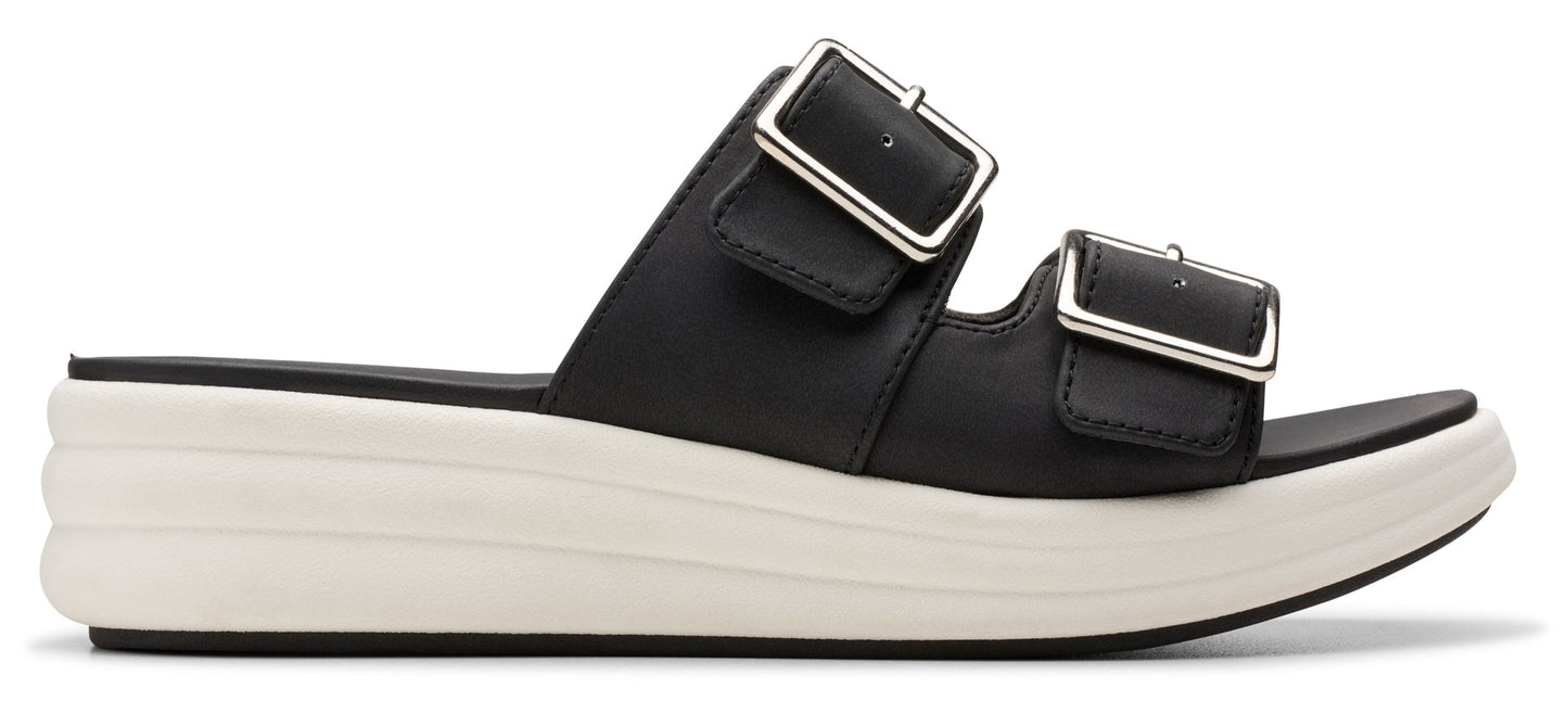 Platform sandal with two straps and silver buckles.